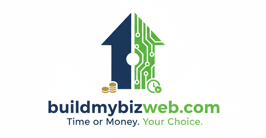 Professional logo for buildmybizweb.com featuring a split house and circuit icon with the motto: Time or Money. Your Choice.
